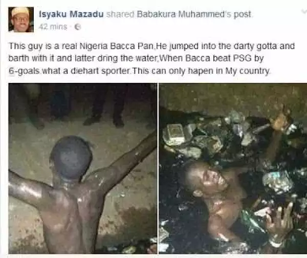 Lmao! Nigerian Man Jumps Into A Gutter To Celebrate Barcelona Victory Yesterday (Photos)